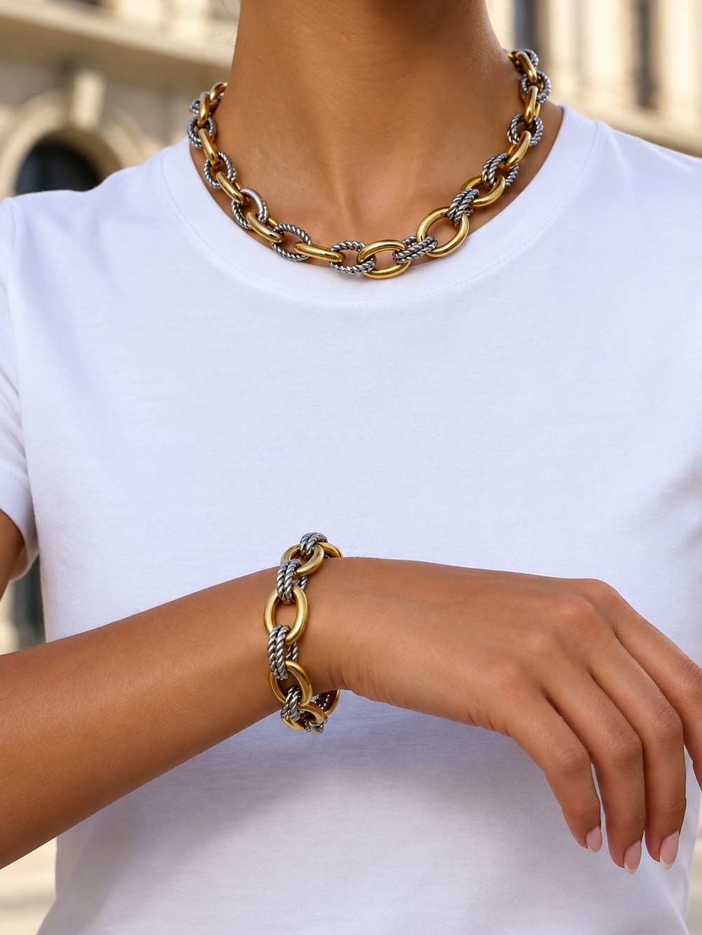 Elegant Two-Tone Gold and Silver Link Necklace & Bracelet Set - Picture 5 of 5